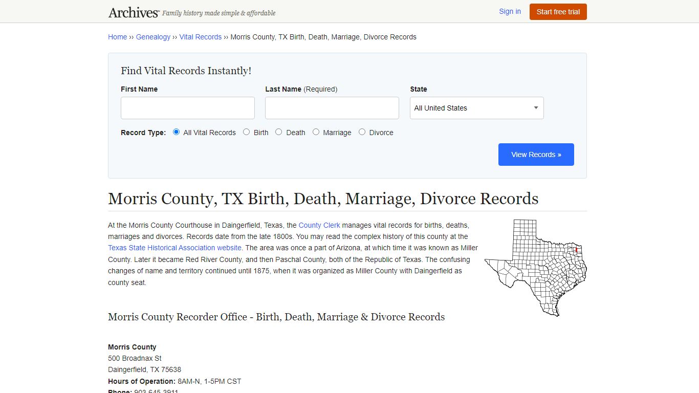 Morris County, TX Birth, Death, Marriage, Divorce Records